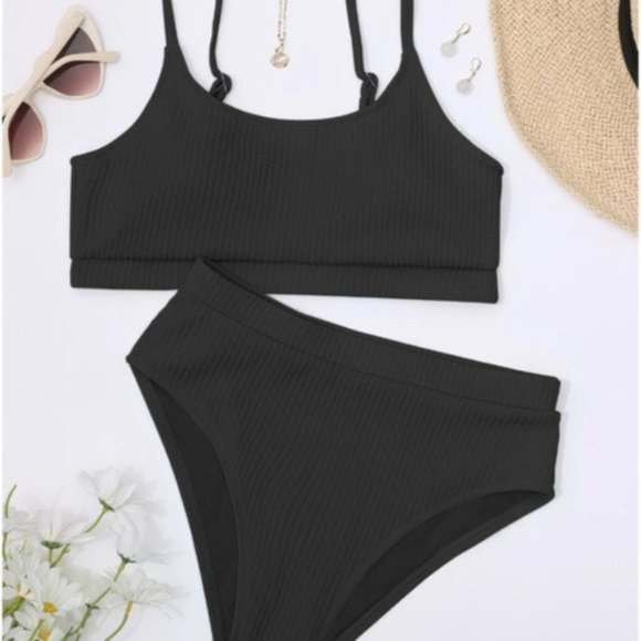 Black Ribbed High Waist Bikini Bathing Suit - Picture 6 of 8